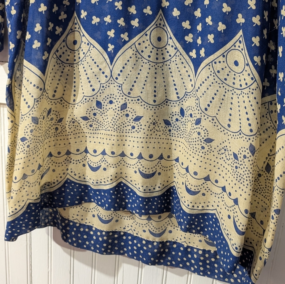 Blue Boho Tunic Dress Retro 70s Style Print Tie Waist Medium - Picture 4 of 5
